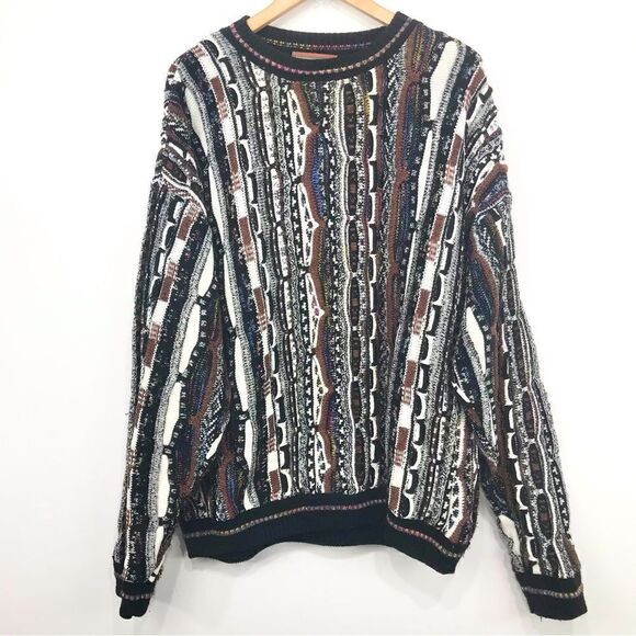 Currier & Branch Black White Brown Retro Pattern Crew Knit Pullover Dad Sweater - Picture 1 of 14